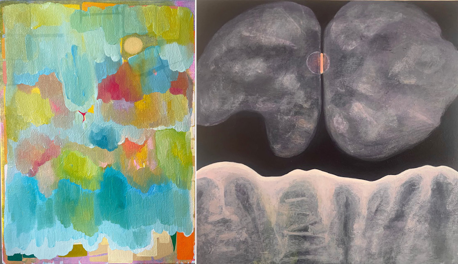 Saira McLaren, Afternoon, 2023, 24 x 18 inches, oil and dye on canvas. Right: Nancy Diamond, night brain, 2023, 16 x 16 inches, acrylic gouache on wood panel.